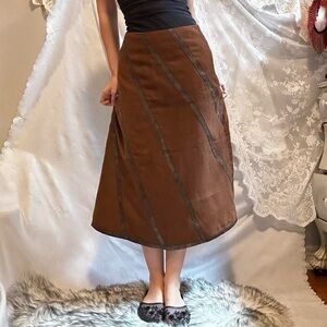 Vintage Japanese Brand Brown A-Line Midi Skirt with Diagonal Trim